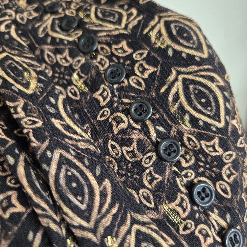 Zara Button Front Patterned Gold Black Dress, M - image 8